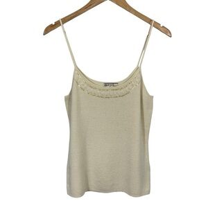 Vintage Y2K Flyo Knit Sweater Tank Womens M Cream Beige Beaded Sequin Scoop VGUC